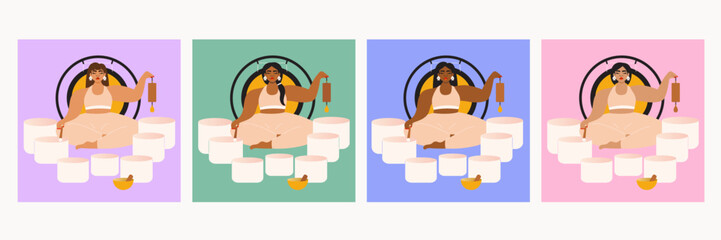 Illustration set of women leading a sound bath with singing bowls