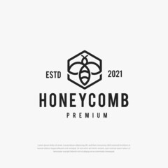Hexagon honeycomb logo label with bee in the middle, wild bee. Beekeeping badge brand identity template vector illustration