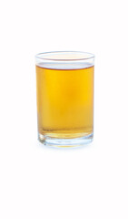  Chrysanthemum juice cool flowers tea beautiful golden yellow in a small glass. Drink and feel refreshed, reduce thirst. It is popular in Asia. isolated on white background.