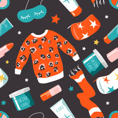 vector seamless pattern with hand drawn cute winter sweater, care cosmetics and beauty items. trend pattern in flat style