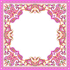 Pink paisley ornament. Decorative bohemian pink frame. Oriental pattern.