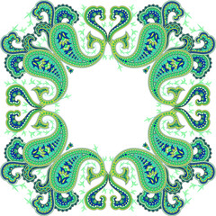 Paisley ornament. Decorative bohemian blue-green frame. Oriental pattern. An element for shawls, scarves, decorations for postcards, invitations.