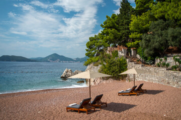 Plakat Beautiful beach of Sveti Stefan,Montenegro,Eastern Europe.