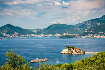 Sveti Stefan Island and Villa Milocer,Adriatic coast, Montenegro,East European Balkans.