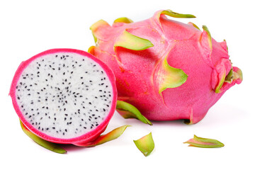 Fresh dragon fruits or pitaya with cut a half on white background.