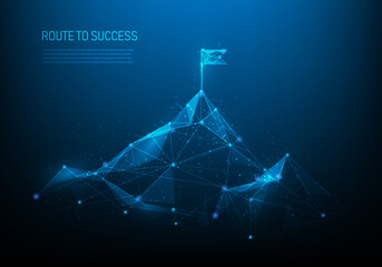 route to success low poly wireframe on blue dark background.Mountain path to the top form lines, dots, and triangles. Investment business ideas to success goal. vector illustration futuristic style. - obrazy, fototapety, plakaty