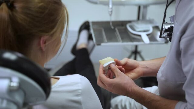 Orthodontist consultation of patient care. Dentist internist shows cast teeth model spbas to female client at appointment in hospital office closeup