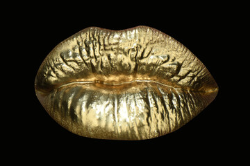 Golden sexy lips, golden art. Gold bright make-up in lips.