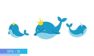 Set of cute blue whale in delicate blue colors and a golden crown on his head or party hat. Proud and sweet. Vector illustration.