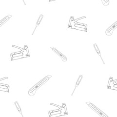 Pattern flat screwdriver and construction knife, construction stapler with a simple, classic shape. Linear design. On a white background. Tools for any specialist. Flat vector illustration.