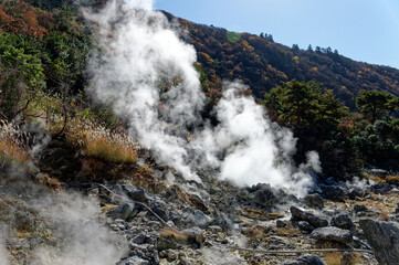 volcanic hot spring field in the Unzen Mountains in Shimabara Peninsula in Nagasaki Prefecture, Japan