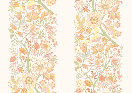 Seamless pattern with stylized ornamental flowers in retro, vintage style. Vector illustration in soft colors