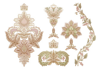 Classical luxury old fashioned damask ornament, royal victorian floral baroque. Clip art, set of elements for design Vector illustration.