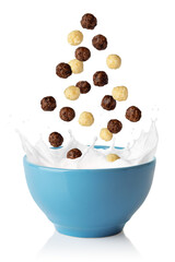 vanilla and chocolate corn balls falling in blue bowl