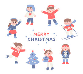 Cute children Christmas card. Children are playing and enjoying winter. flat design style vector illustration.