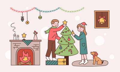 A couple is decorating a Christmas tree at home. Cozy with fireplace and dog. flat design style vector illustration.