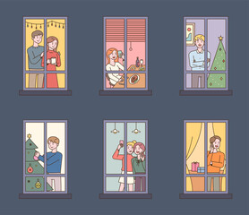 Neighbors seen through the window. People are making Christmas decorations and being happy. flat design style vector illustration.