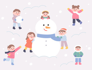 Obraz na płótnie Canvas Cute children are making a big snowman. flat design style vector illustration.