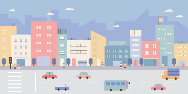 street with buildings. Many cars are running on the road. Simple and geometric design. flat design style vector illustration.