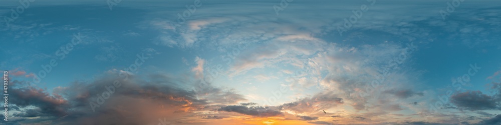 Wall mural dark blue sunset sky panorama with cirrus clouds. seamless hdr pano in spherical equirectangular for