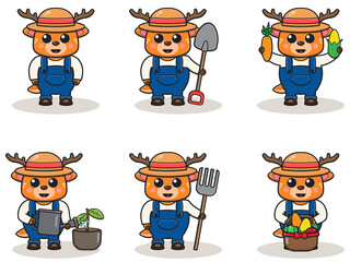 Vector illustration of Deer farmer cartoon. Cute farmer character design with straw hat. Character flat design. isolated on white.