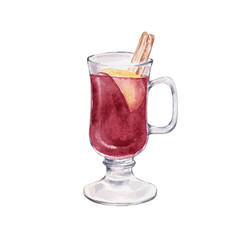 Watercolor Christmas illustration of a glass with mulled wine isolated on a white background.