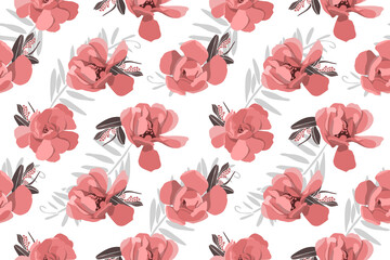 Vector floral seamless pattern. Red, coral color flowers and petals with gray twigs and leaves. Floral elements isolated on a white.