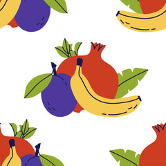 Fruit seamless pattern. Hand drawn vector illustration. Sweet exotic food. Color pomegranat, banana and plum with leaves
