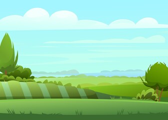 Obraz premium Rural landscape. Horizontal village nature illustration. Cute country hills. Flat style. Garden beds and trees. Vector