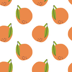 Orange fruit with leaf. Seamless pattern. Hand drawn vector illustration. Sweet citrus exotic food.