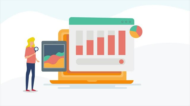 SEO website traffic analysis, financial business investment data monitoring, company sales and marketing report, business analytics, woman analyst concept, 2d animation 4k video clip. 