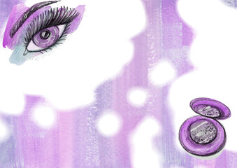 Makeup elements on Watercolor paint abstract multicolored gradient Background. Light purple and lilac blob and Spot texture. Watercolour Make up powder and woman open eye
