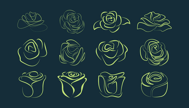 Rose Flower Logo Inspiration. Aesthetic Line Art Rose Logo Design For Beauty Care, Skin Care, Spa, Yoga, Boutique, Women Fashion And Beauty Clinic Treatment. Set Isolated Rose Vector Logo Bundle.