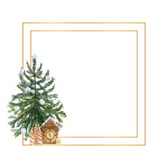 Geometric gold frame with a Christmas tree, candles, holly flowers and winter decor. Watercolor illustration