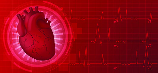 Human heart and heart rate illustration on red background. Cardiology concept health care.
