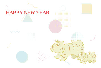 親子の虎とメンフィス柄の背景の年賀状