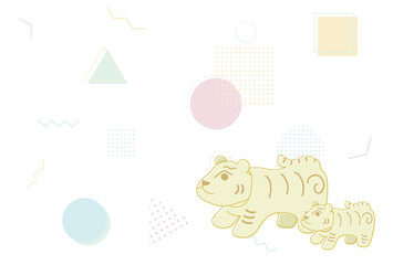 親子の虎とメンフィス柄の背景の年賀状