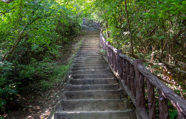 Fototapeta na wymiar Stairs on a pathway to waterfalls at Erawan National Park in Kanchanaburi Province Thailand