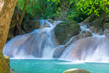 Ethereal waterfall in Erawan National Park in Kanchanaburi Province Thailand