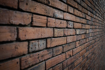 Old red brick wall background, Side-focus shot in the center of the frame