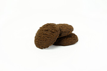 Chocolate butter cookies isolate on white background. Close up of bakery.