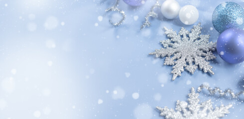 Silver Christmas gifts with snow background. silver decorations on pastel silver background. Flat lay, top view, Presents for Birthdays. Boxes with gifts tied with ribbon and bows. happy new year 2022