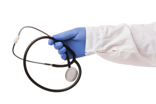 Doctor hands over a medical statoscope isolated on white background, template for designer