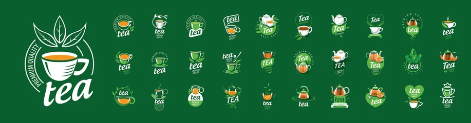 Behang Thee assortiment Set van vector thee logo& 39 s op een groene achtergrond