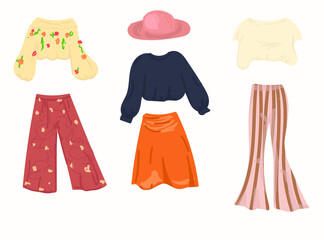 A set of boho-style outfits. Boho clothing set: pants, tops, skirt, hat.
