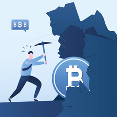 Bitcoin Mining, concept banner. Financial Technology. Businessman uses a pickaxe and breaks stones. Cryptocurrency in stones. Mining process.