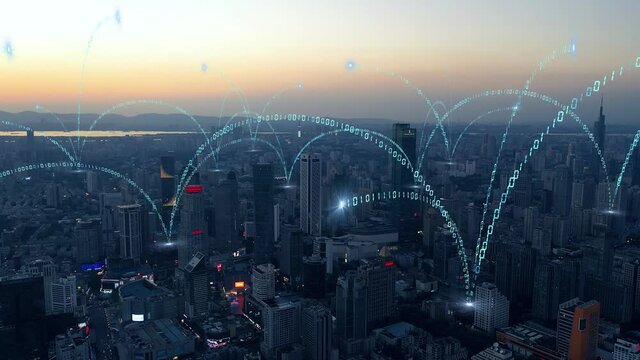 smart Connected city skyline. Futuristic network concept, city Technology.
