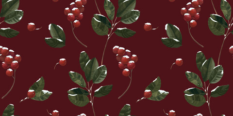 Seamless winter pattern. Berries in the snow background. Hand drawing wallpaper. Winter, christmas, new year illustration for wrapping paper.