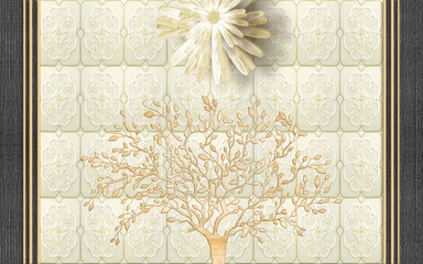 3d modern mural wallpaper. golden lines and squares and tree flowers golden Wavy lines . for interior home decor 