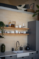 Barnhouse, Barn house kitchen interior. Wooden secluded house in the Scandinavian and Finland...